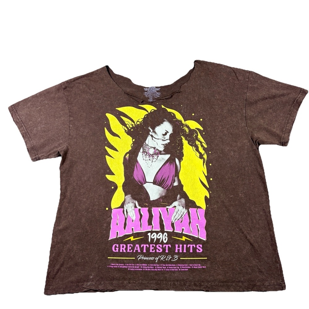 Aaliyah 1996 Greatest Hits Graphic Band Tee Unisex‎ Brown Large Distressed